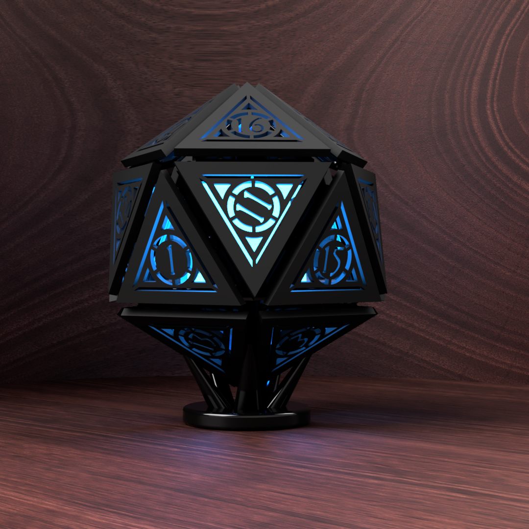 Geometric lamp with blue light on a wooden surface and background